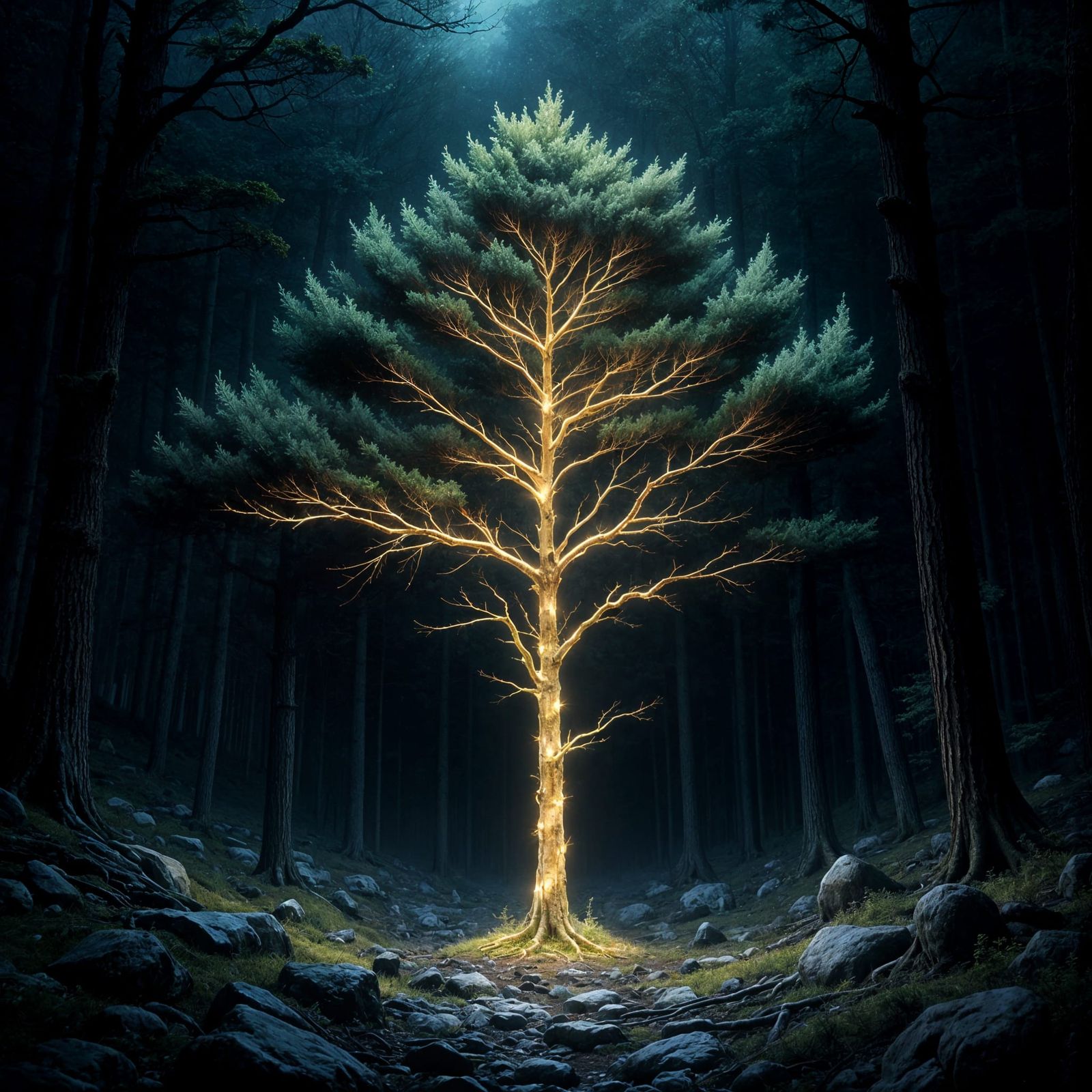 Glowing Fir Tree in Dark Forest, Painterly Style