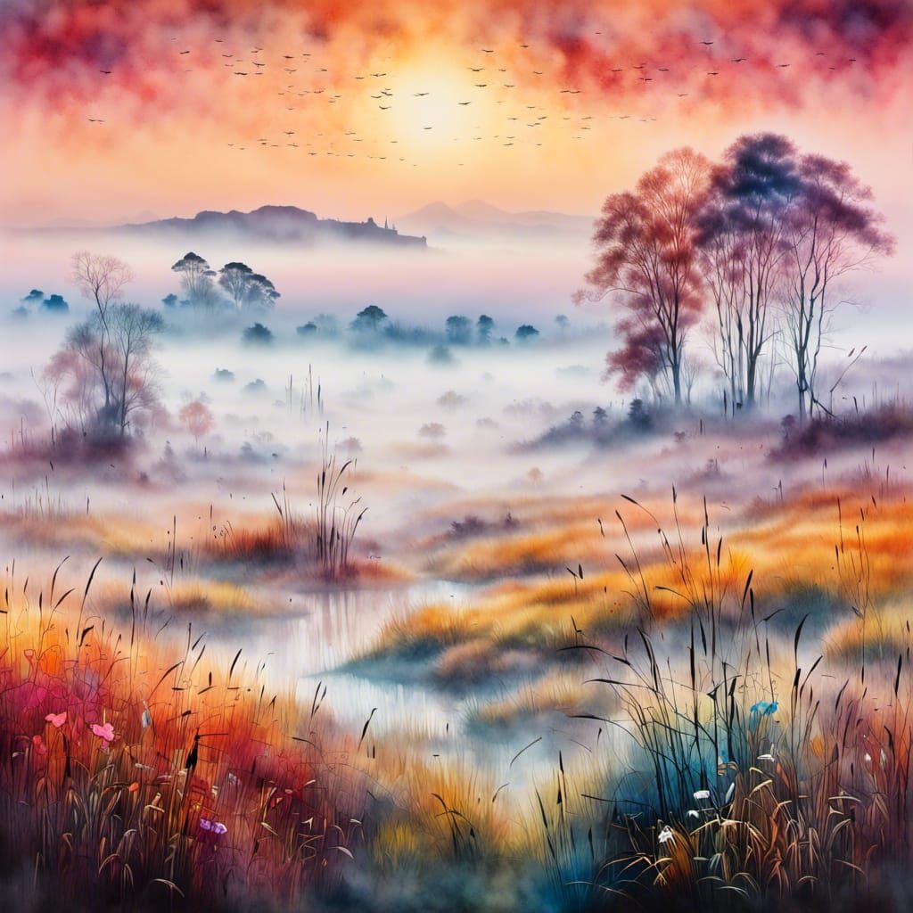 Misty Eastern Landscape with Distant Mountains