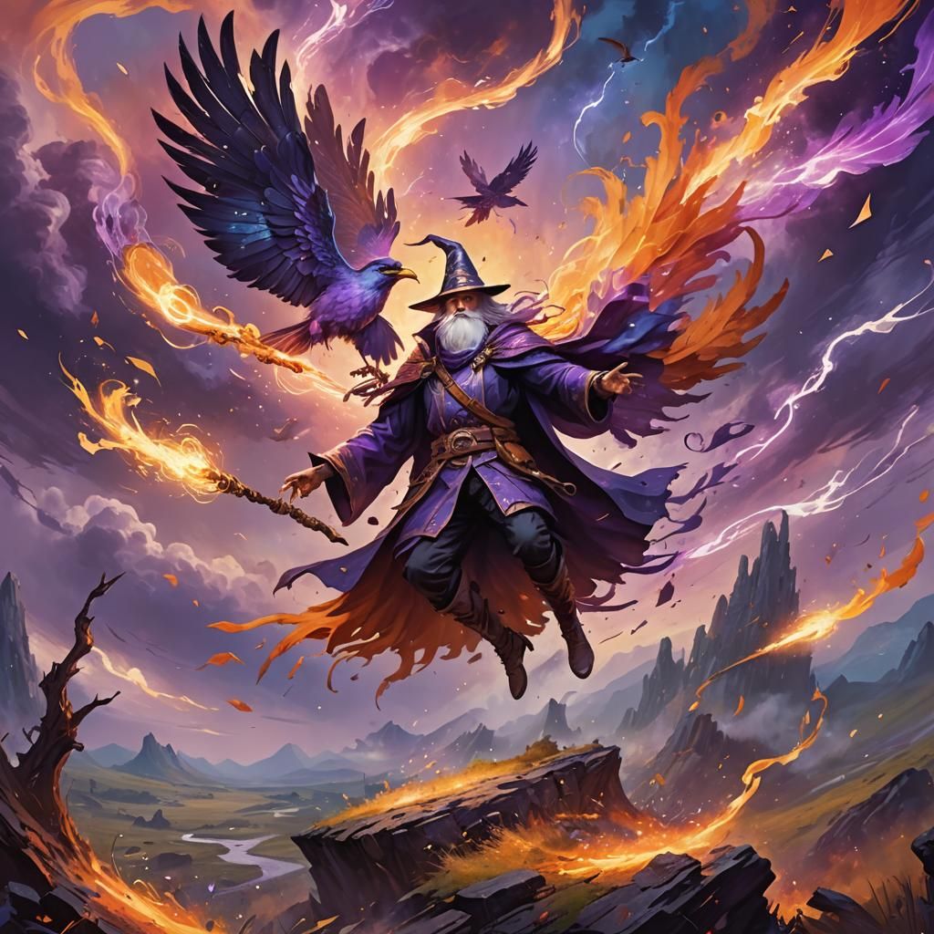 Bird Wizard Soars Over Battlefield in Dreamlike Oil Painting