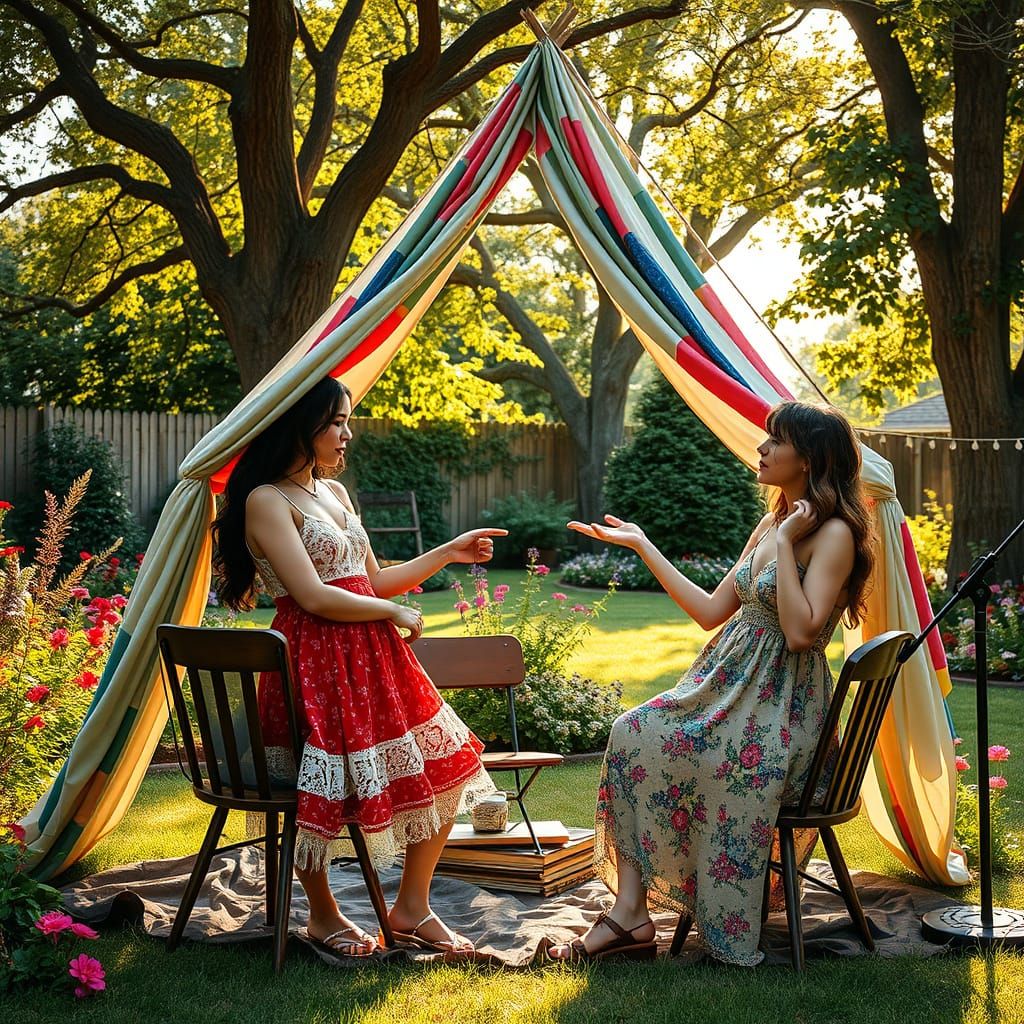 Young Women Build a Whimsical Fort in a Vibrant Backyard Gar...