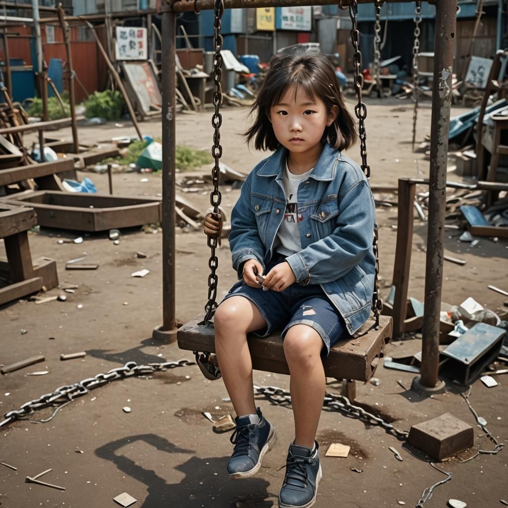 Slum Playground Scene with Girl on Swing
