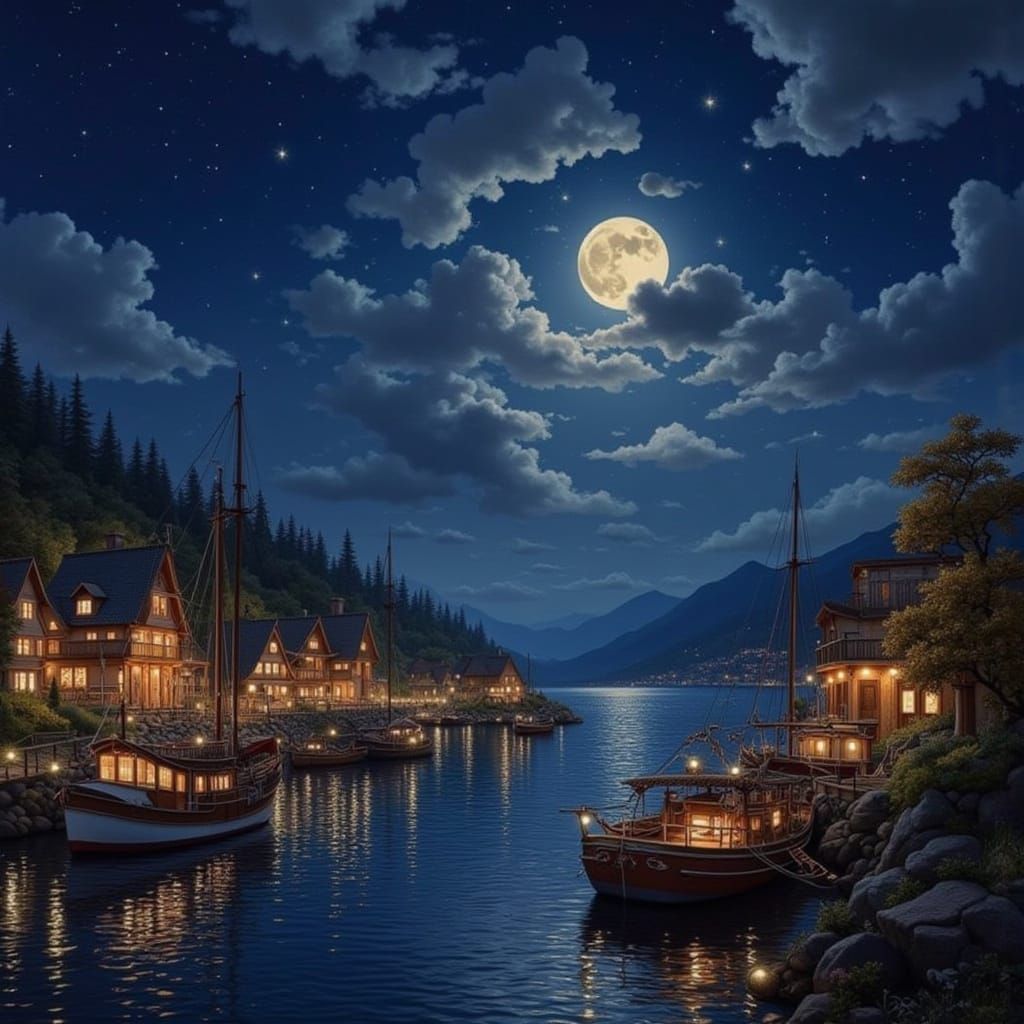 Night Harbor in Chinese Embroidery Style