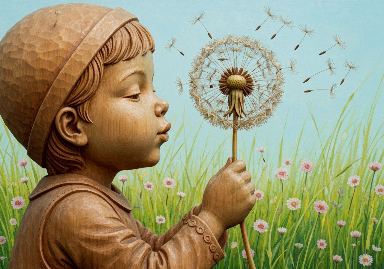 Wooden Child Sculpture Blowing Dandelion Seeds