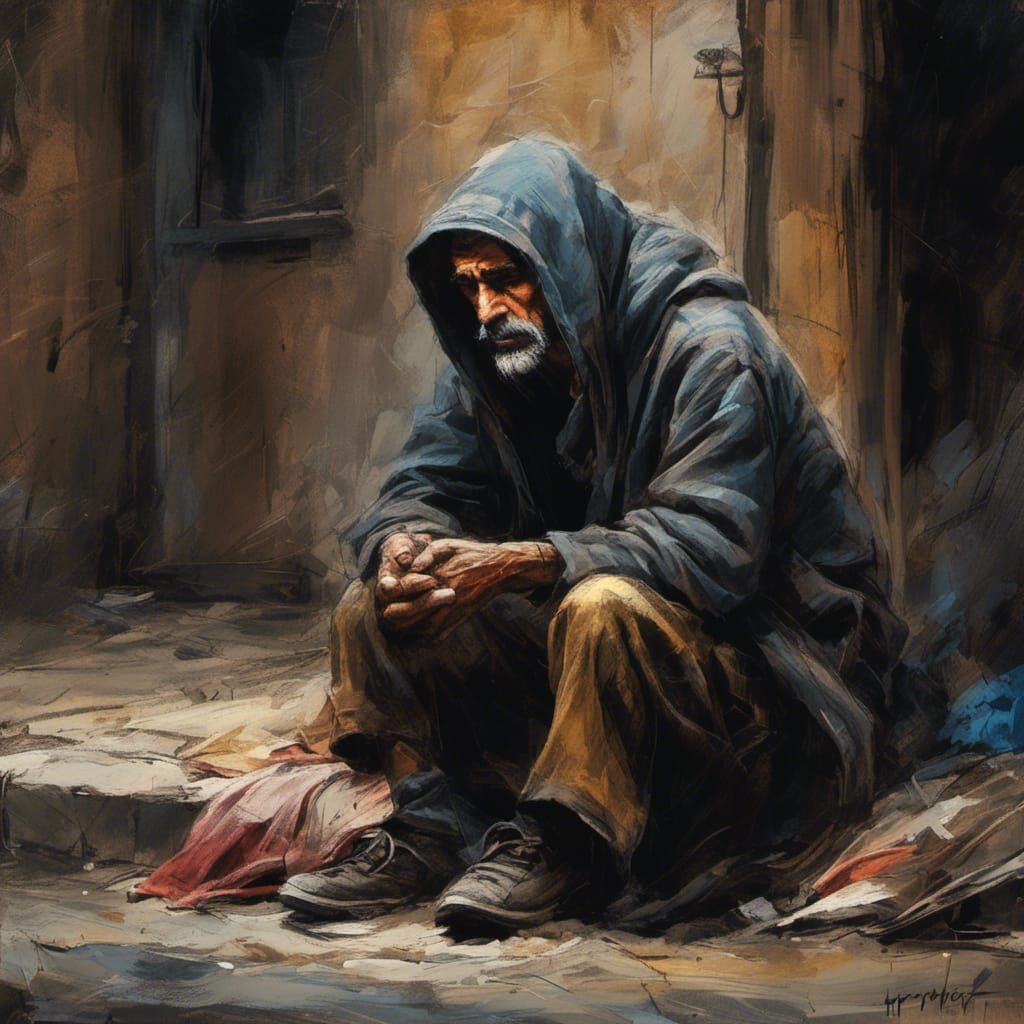 Desperate Homeless Man in Dark Alleyway