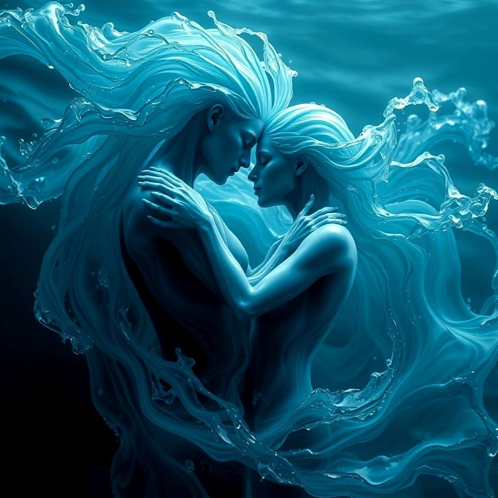 Hyperrealistic Water People Embrace in Moody HDR