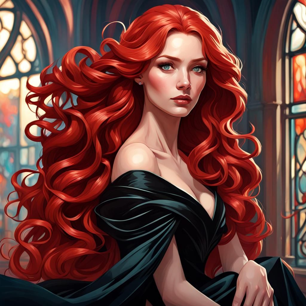 Red-Haired Woman in Black Gown, Hyperdetailed Portrait