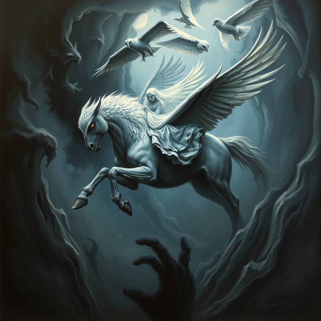 Surreal Owl Stallion & Maiden in Nightmare Vortex