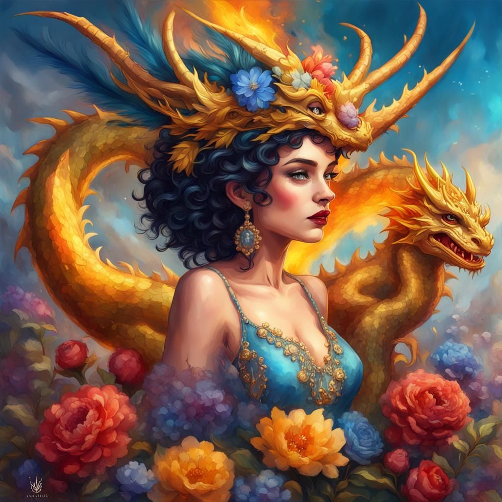 Betty Boop, Dragon, and Flowers: A Colorful Fantasy Painting