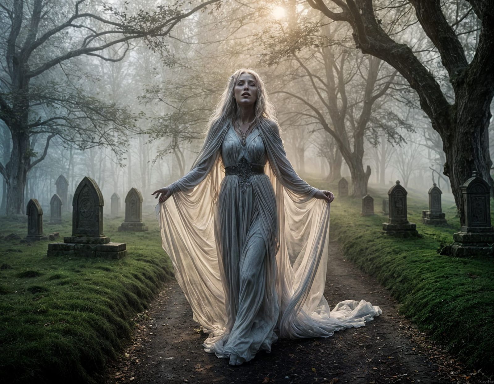 Ethereal Banshee in Mist-Shrouded Village