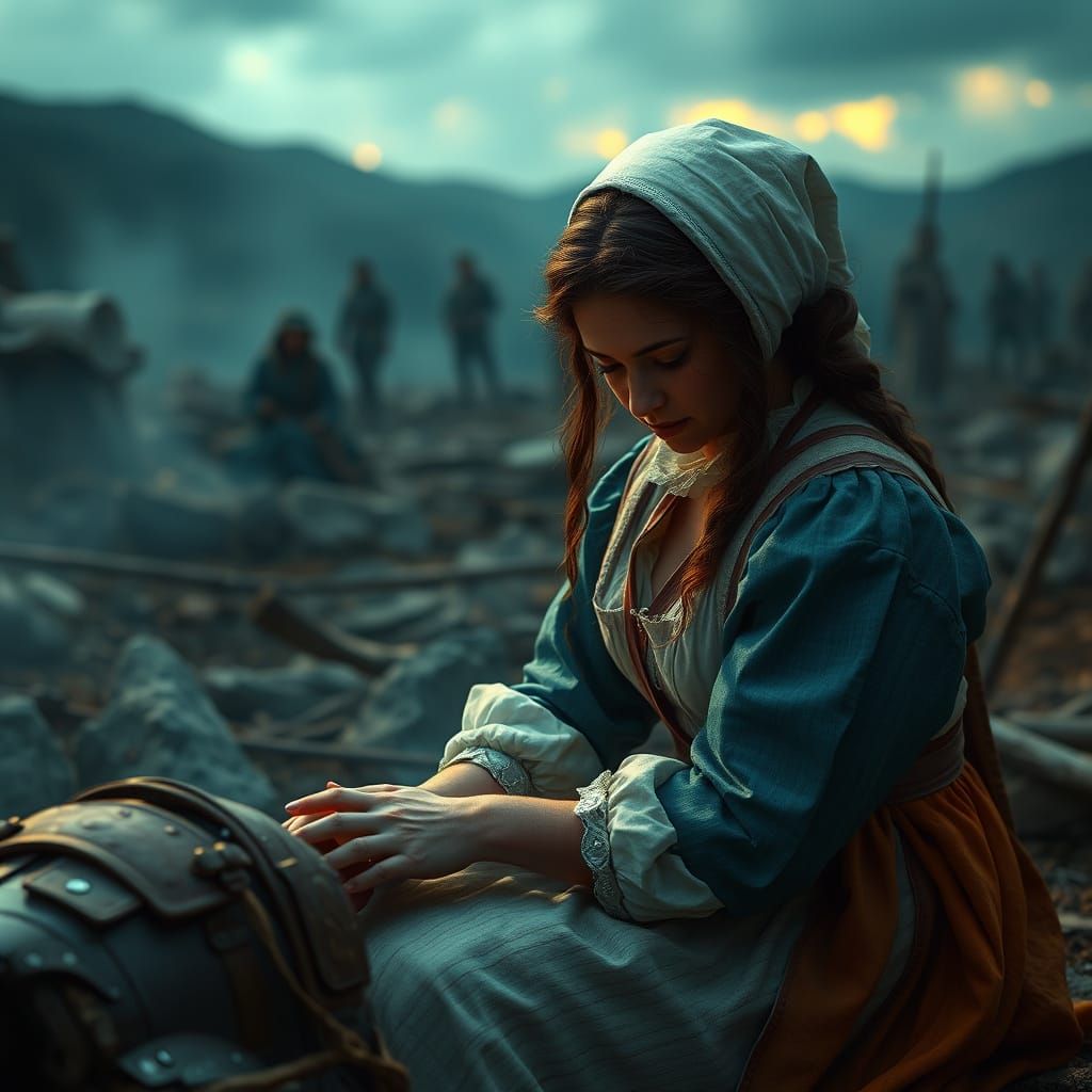 18th Century Nurse in War-Torn Landscape