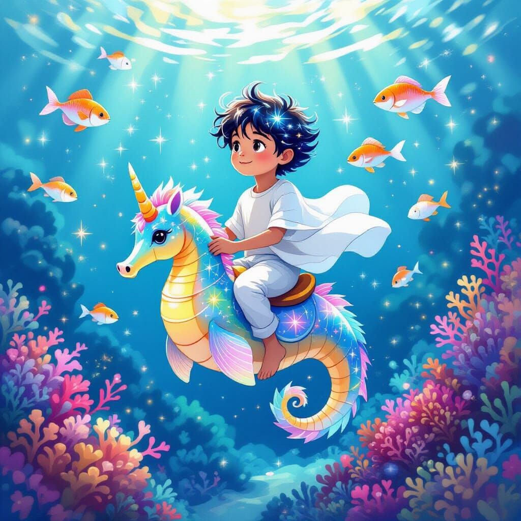 Celestial Seahorse Ride Through Bioluminescent Coral Reef