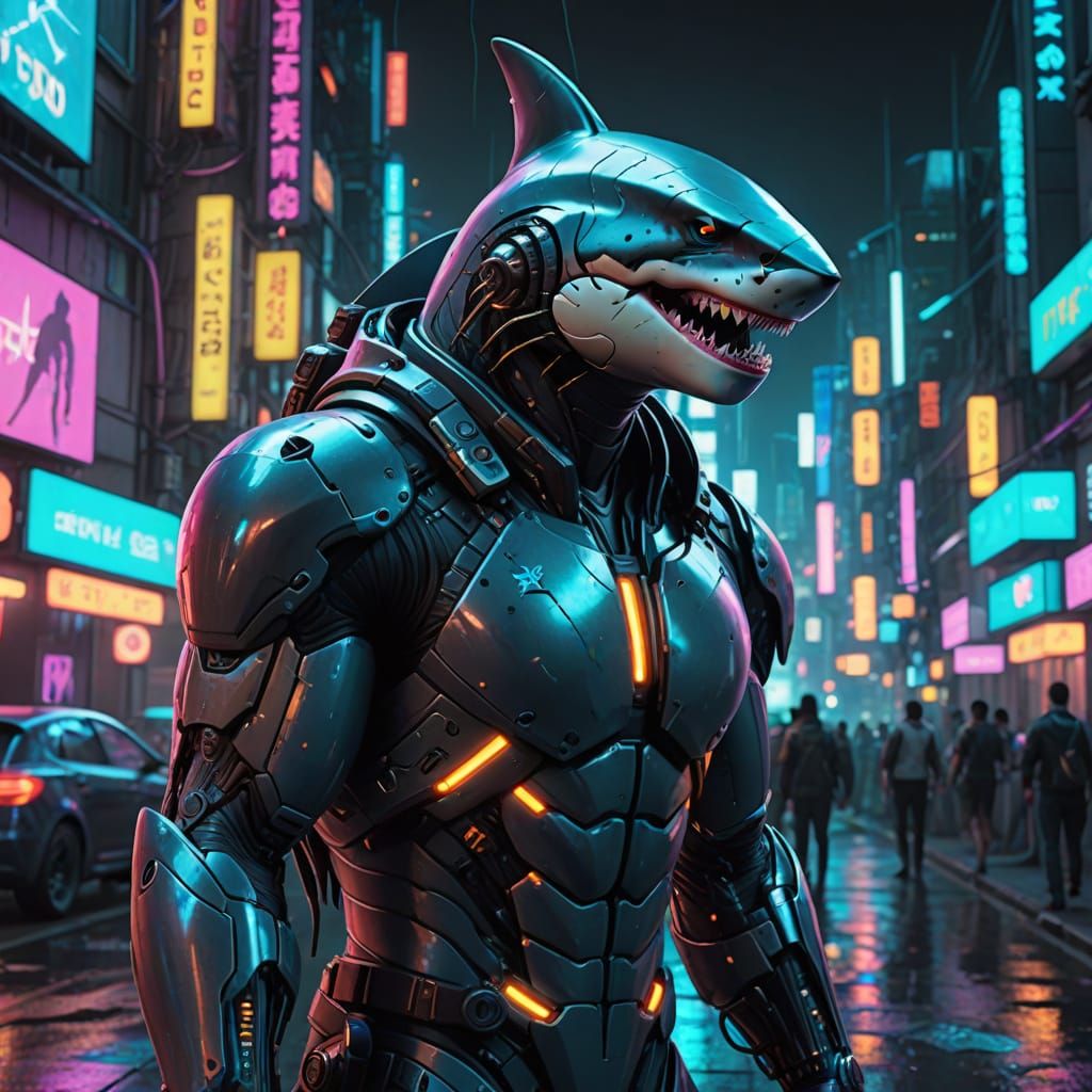 Cyberpunk Shark Meets Futuristic City