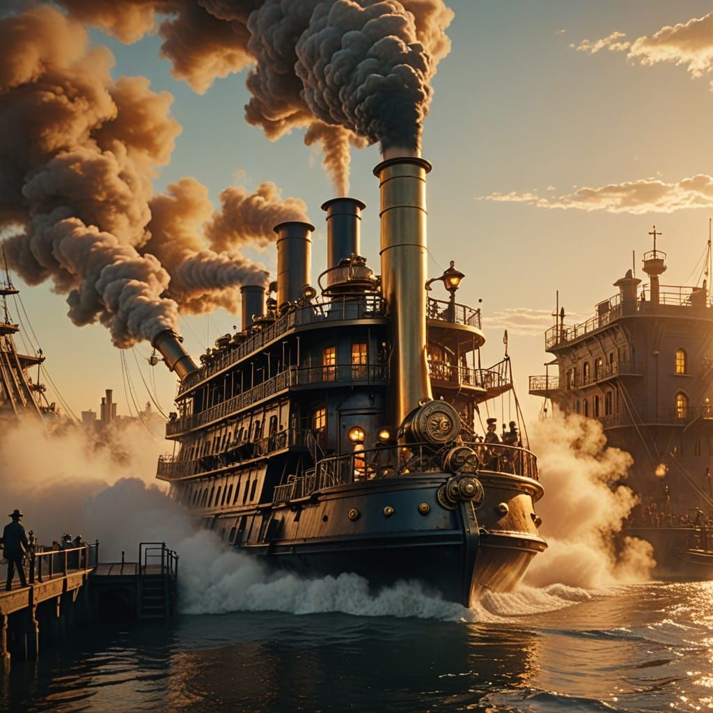 Steampunk Ironclad Steamboat Crossing a Giant Lock