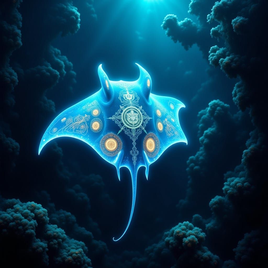 Glowing Blue Manta Ray with Golden Hieroglyphs in Deep Ocean