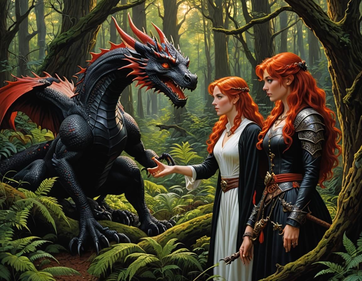 Enchanted Forest: Woman and Dragon in Oil Painting Style