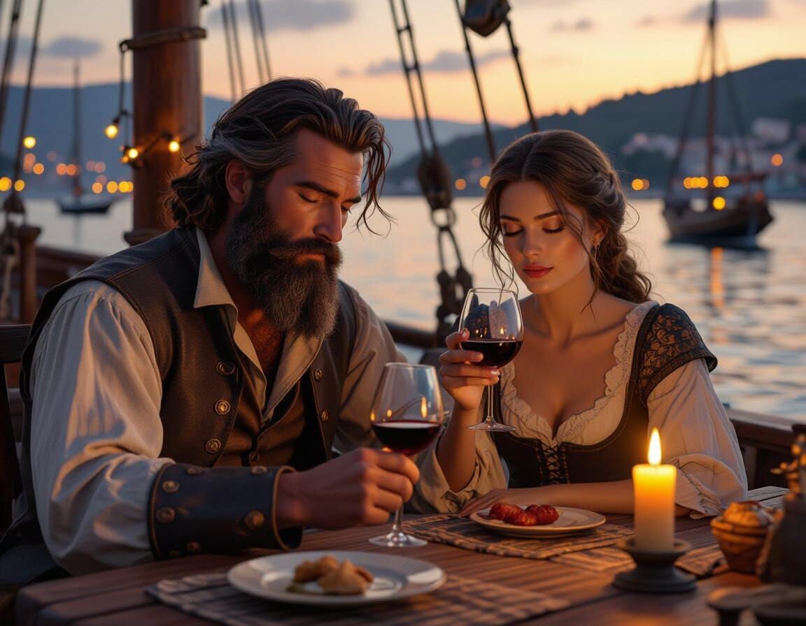 Romantic Dinner on Sailing Ship: Expressionist Painting
