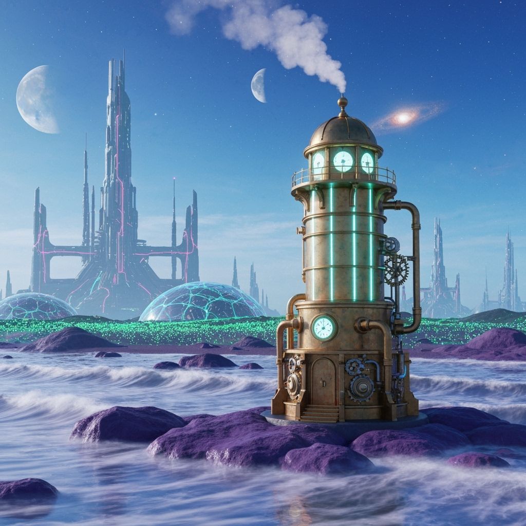 Steampunk Lighthouse on Alien Shoreline in Surreal Style