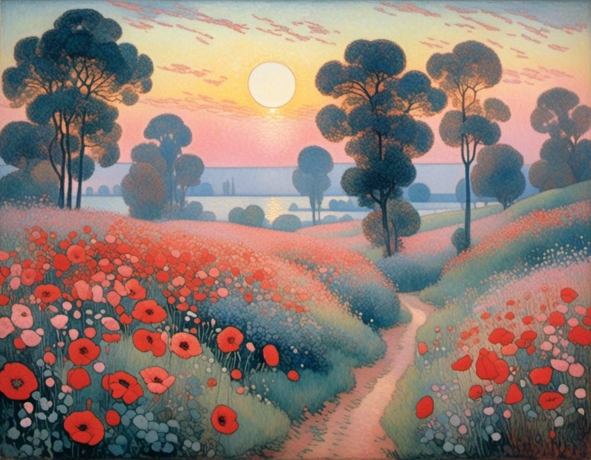 Poppies in Pink Evening Light: A Pointillist Vision