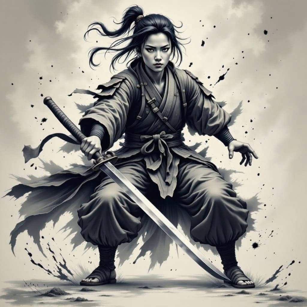 Samurai Warrior in Dynamic Pose with Two Swords