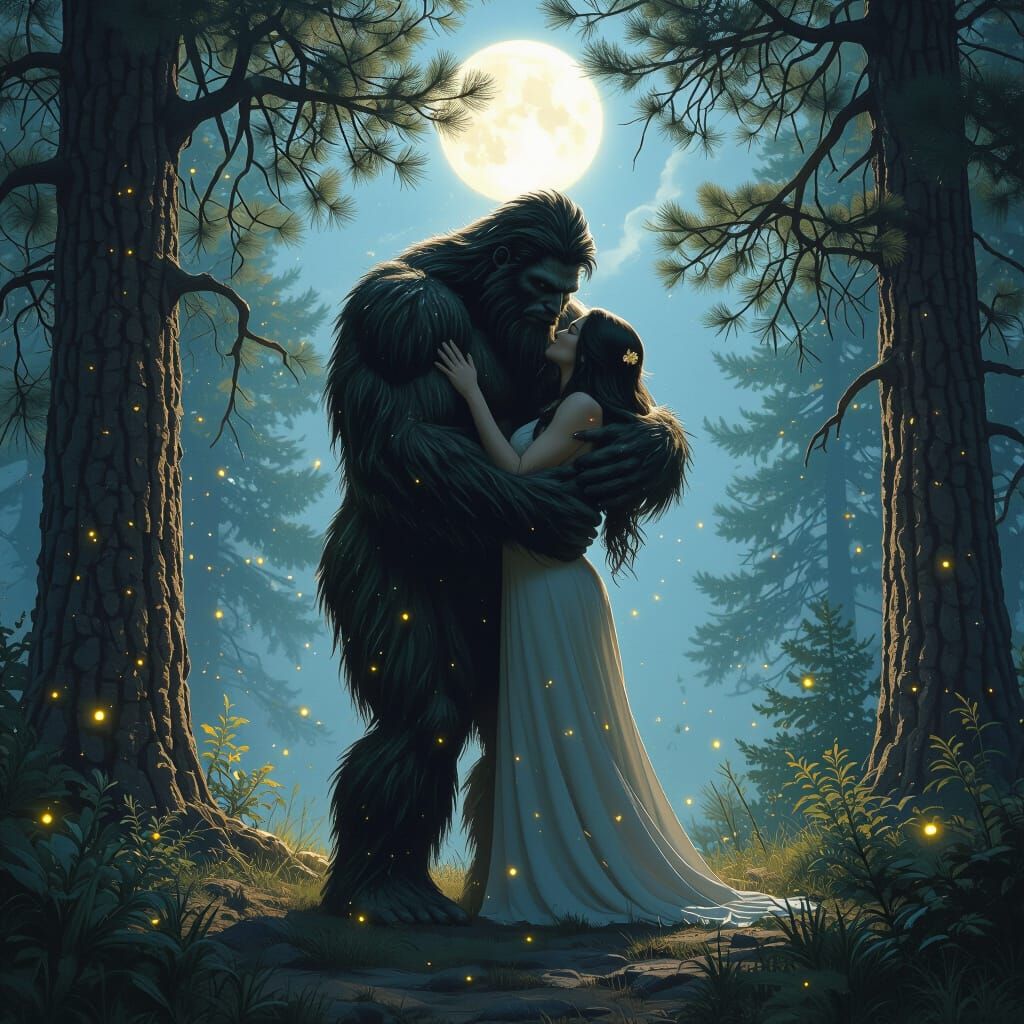 Bigfoot's Tender Embrace Under Moonlight
