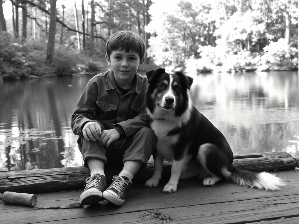Boy and Collie on Weathered Pond Edge in 1950s Black and Whi...