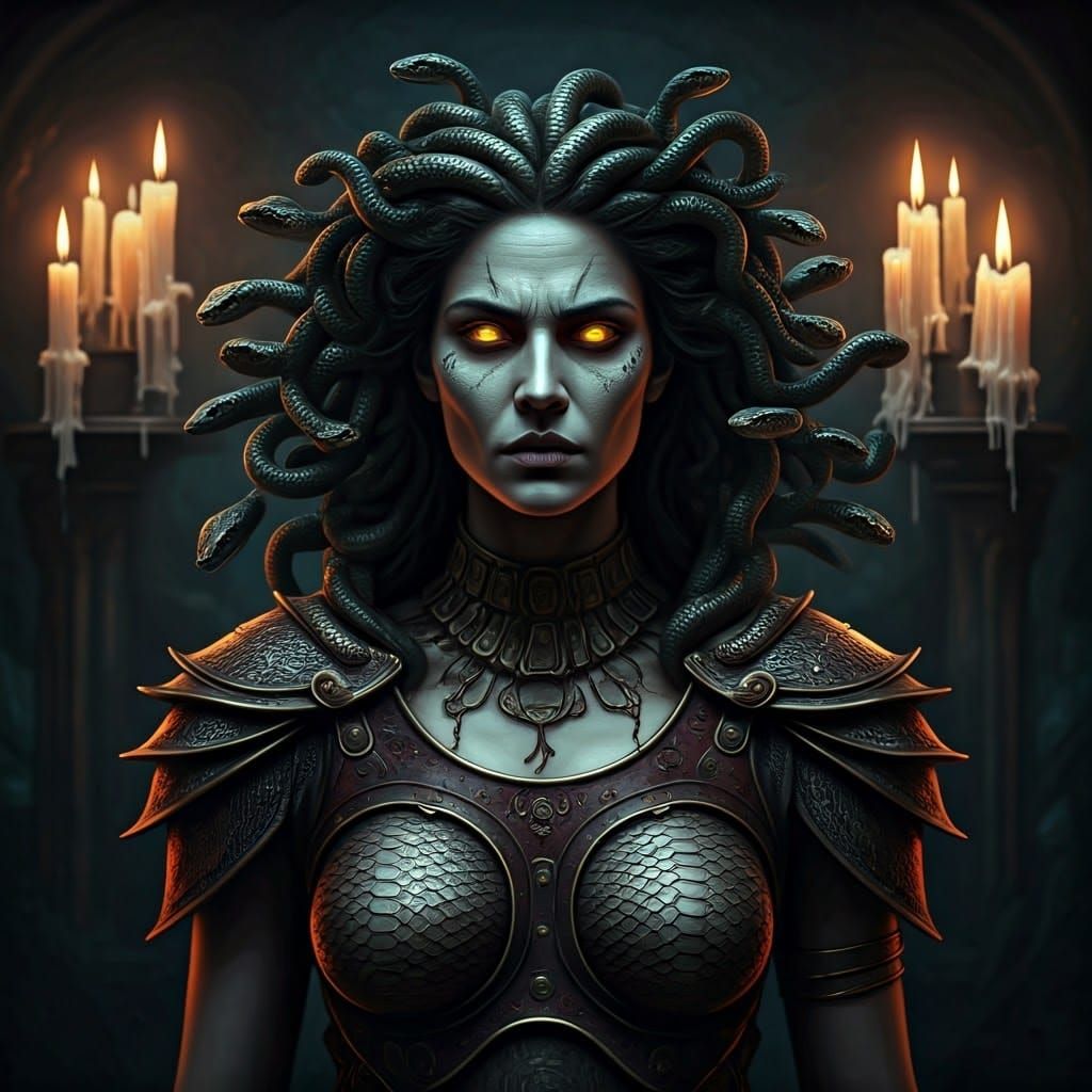 Medusa Portrait in Dark Mystical Landscape