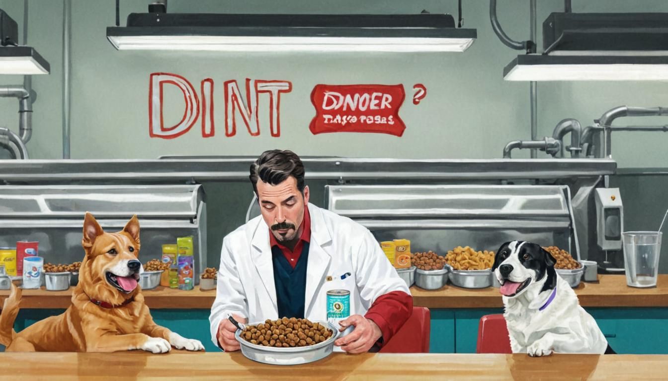 Whimsical Dog Food Taster in Food Factory