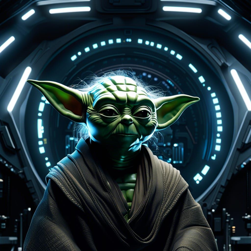 Futuristic Hologram of Yoda in Spaceship