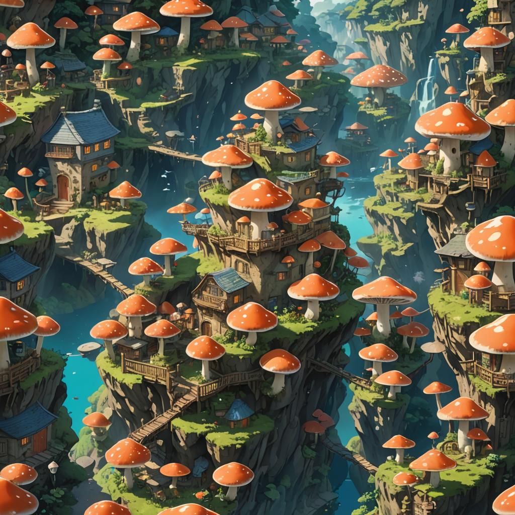Populated Fairy Mushroom Town: Studio Ghibli Anime