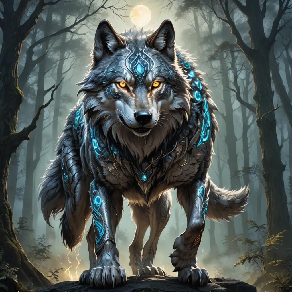 Cybernetic Wolf in Moonlit Forest