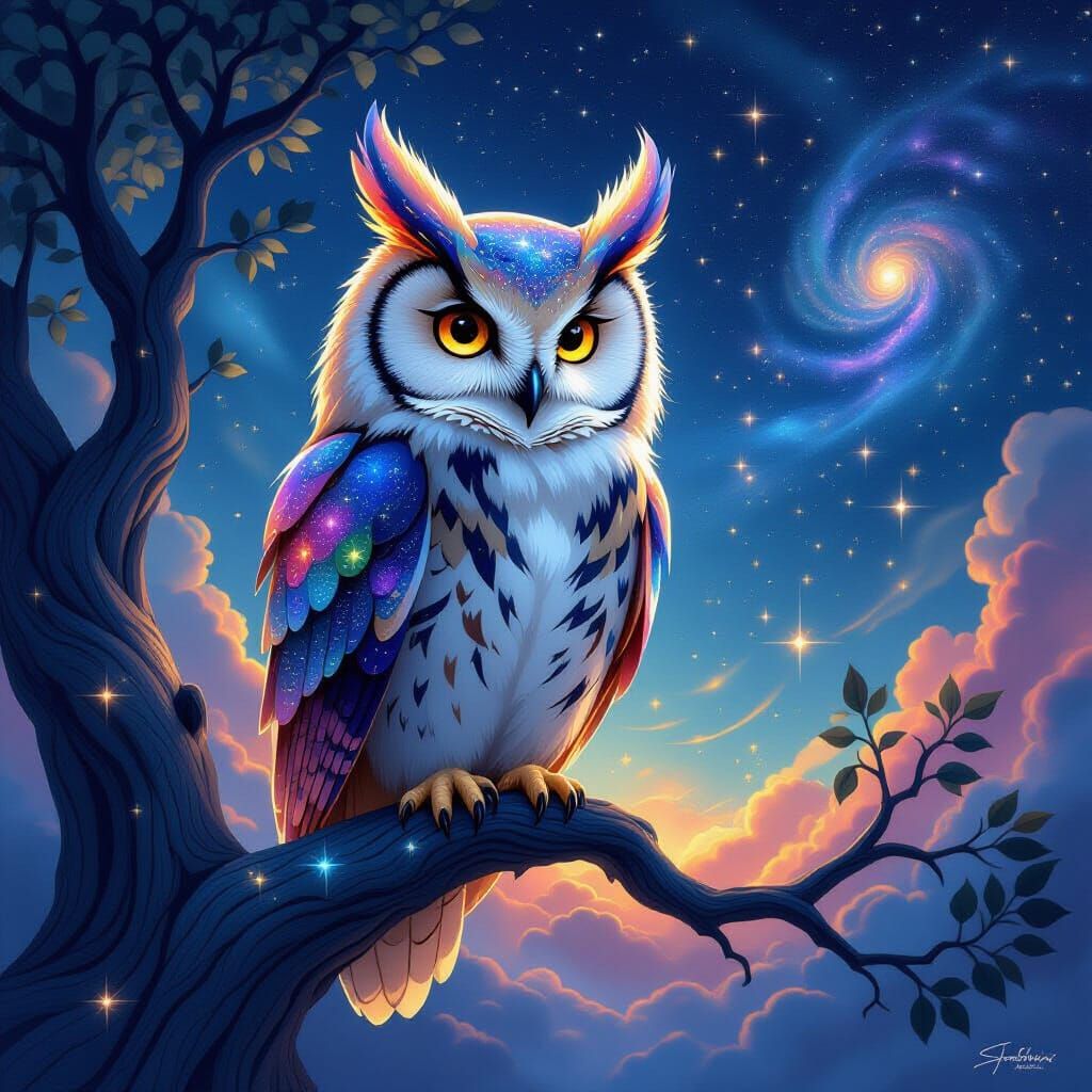 Cosmic Owl on Cosmic Tree with Galaxy Background