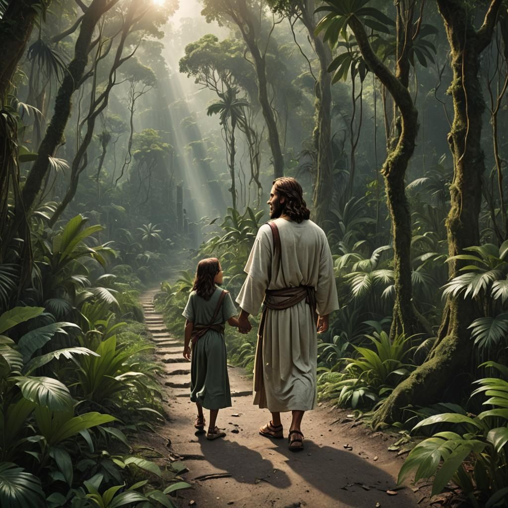 Jesus and Girl in Jungle Matte Painting