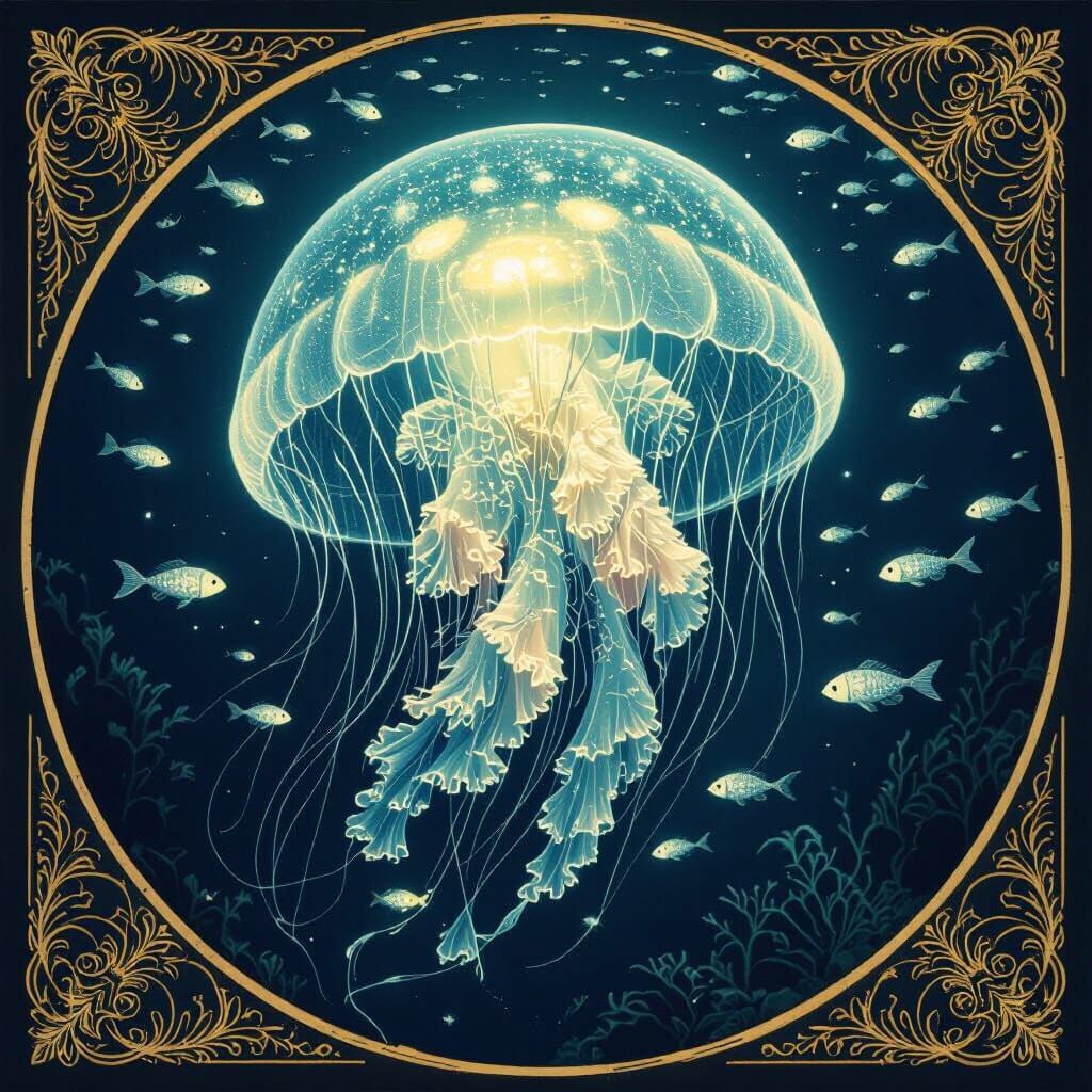 Bioluminescent Jellyfish in Deep Sea: Art Nouveau Illustrati...