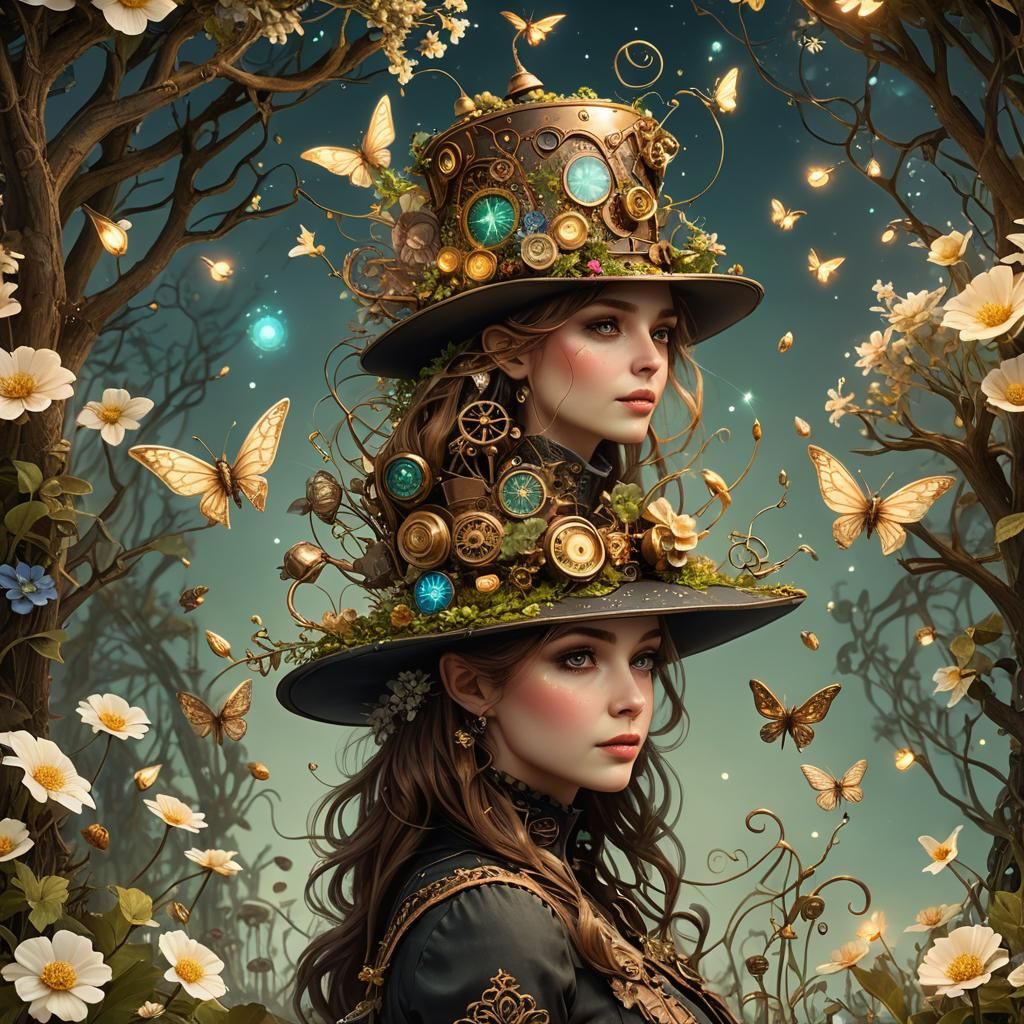 Steampunk Victorian Hat with Fairy Garden: Digital Art