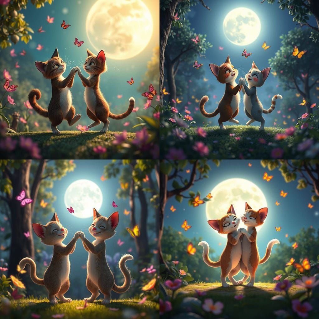 Cats in Love: Whimsical 3D Animation Under Moonlight