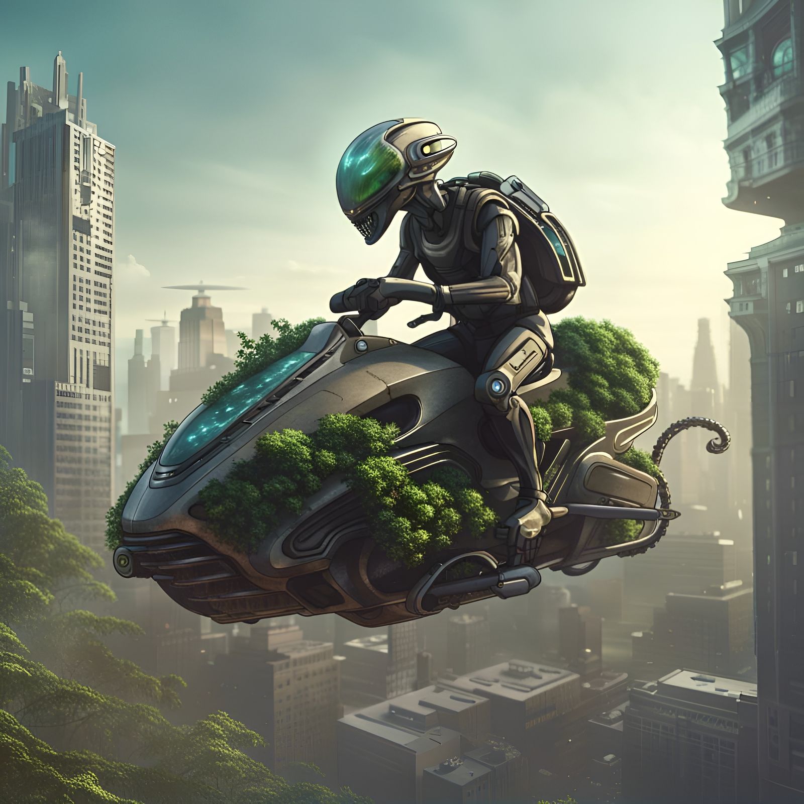 Alien on Hoverbike in Dystopian City