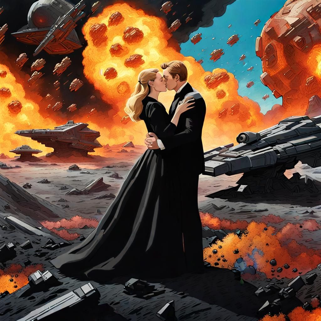 Futuristic Kiss Amidst Explosions: Hyperrealistic Concept Ar...