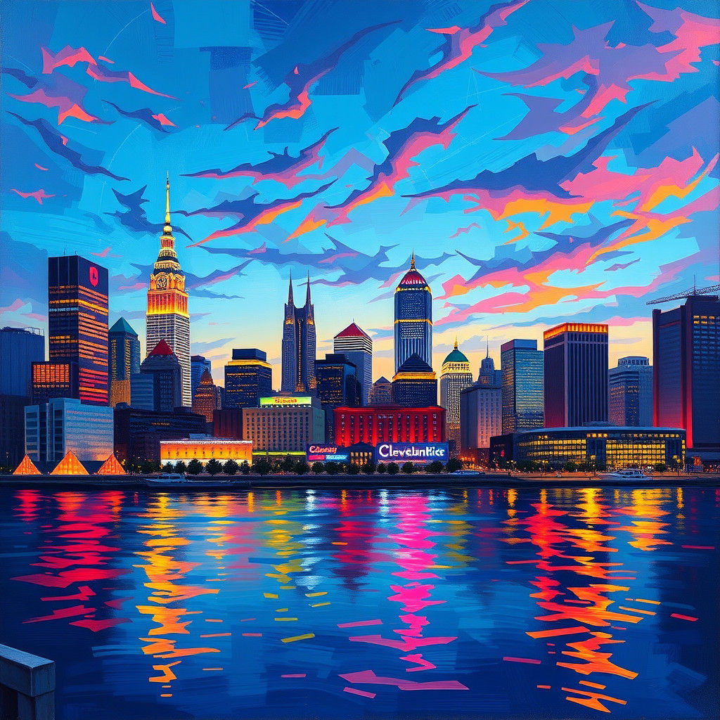 Cleveland Ohio Cityscape at Dusk in Neon Style