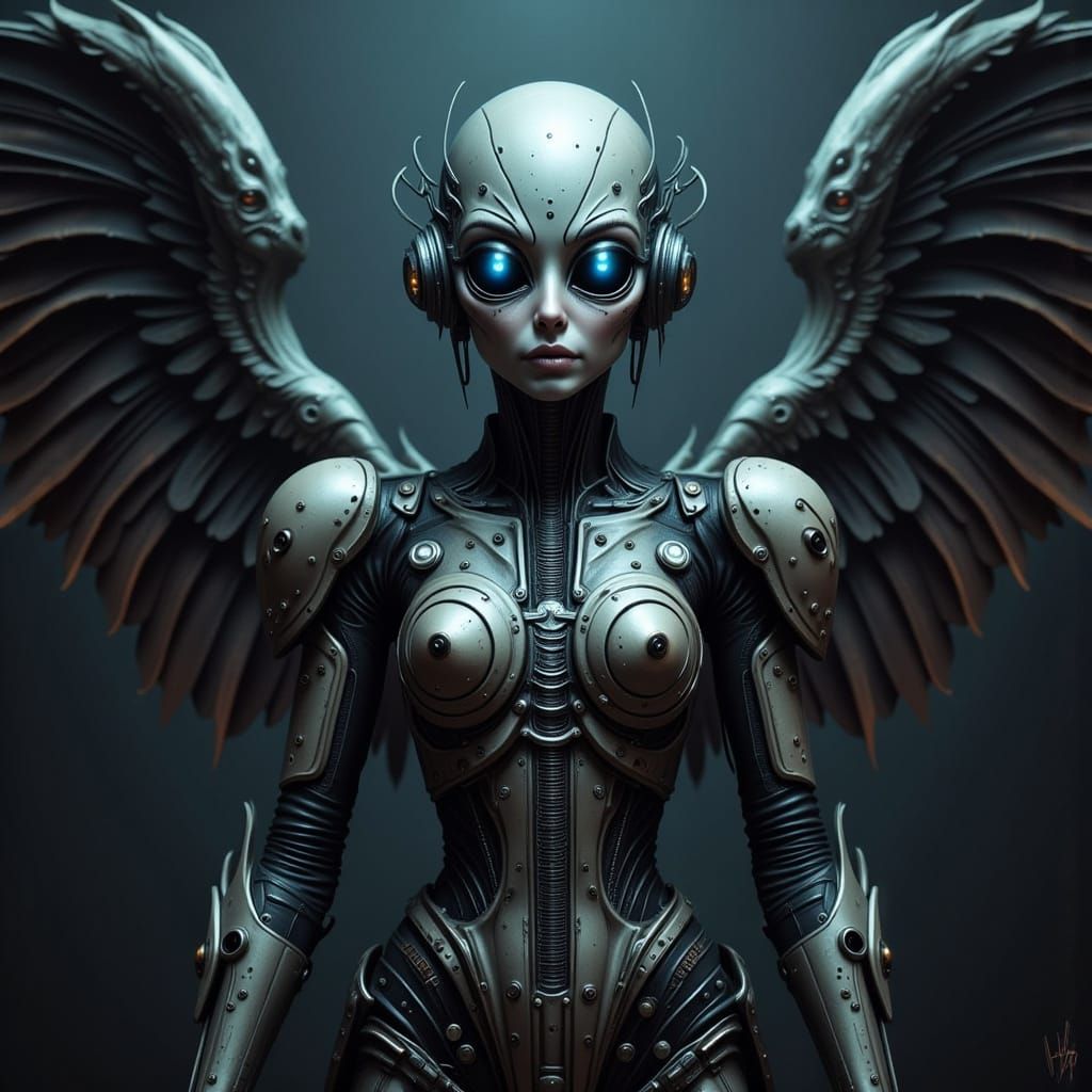 Winged Alien with Glowing Eyes in Neon Sci-Fi Fantasy