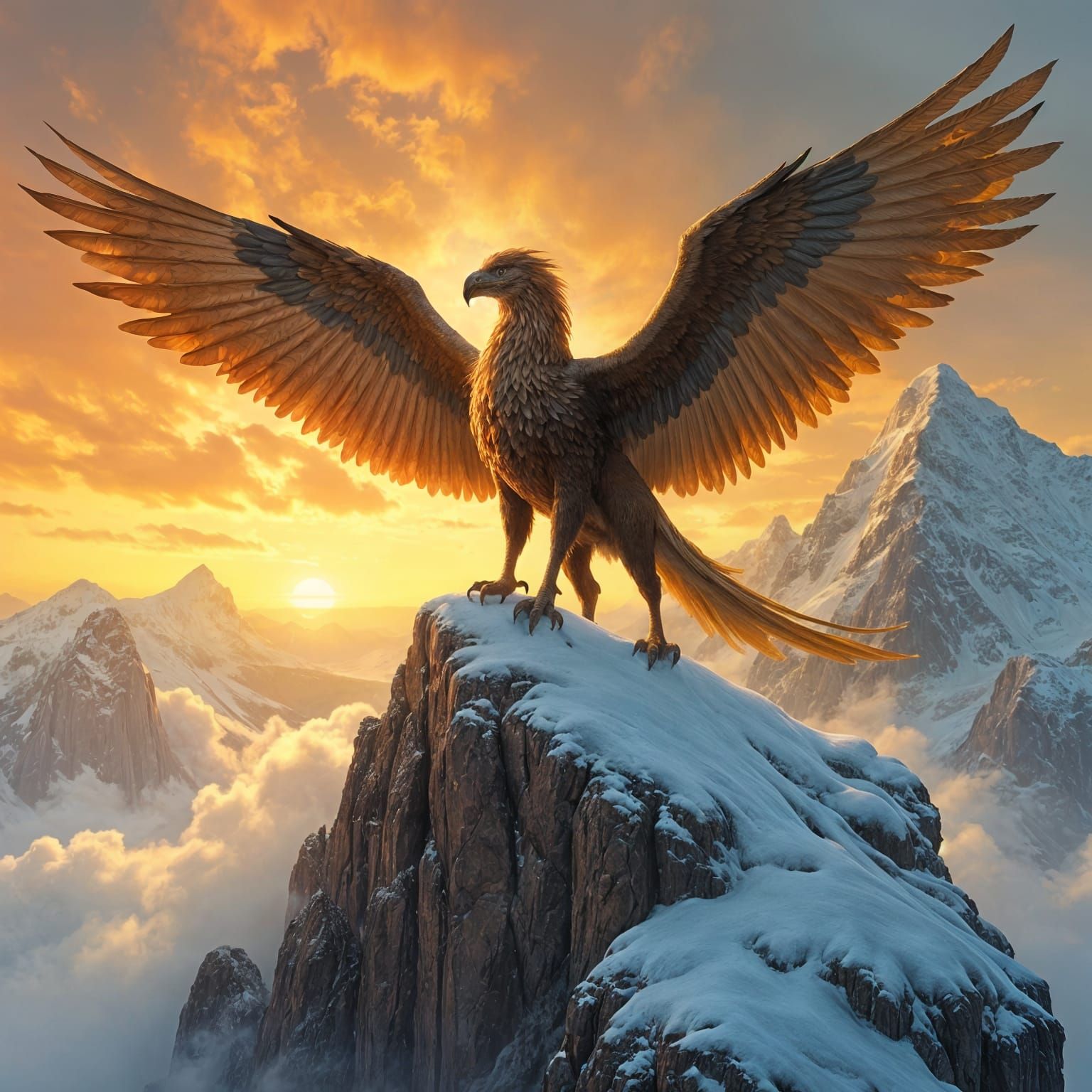 Griffin Perched Atop Snowy Peak in Fantasy Art Style