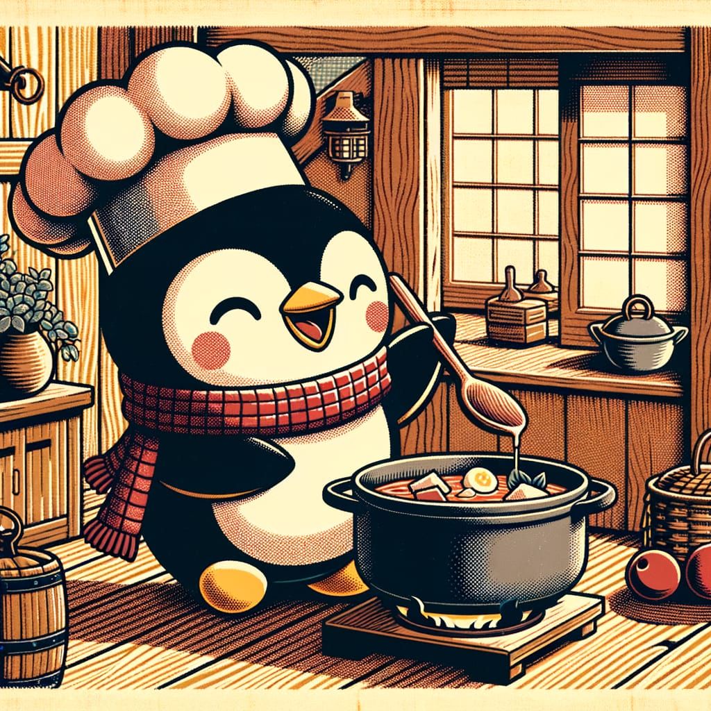 Penguin Chef Makes Soup in Ukiyo-e Style