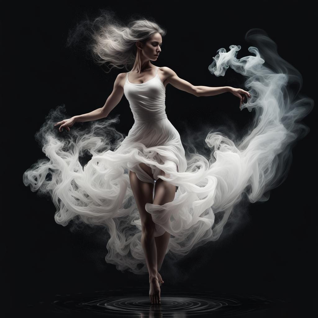 Ethereal Female Dancer in Smoke, Splash Art Style