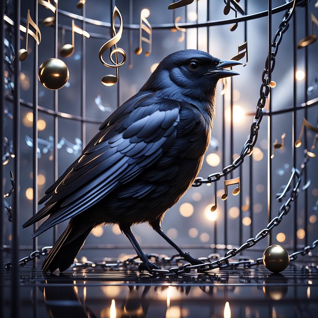 Surreal Blackbird in Cage Singing in the Sky