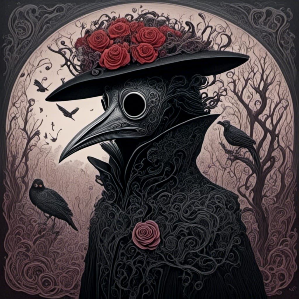 Rose Garden Plague Doctor in Psychedelic Art Style