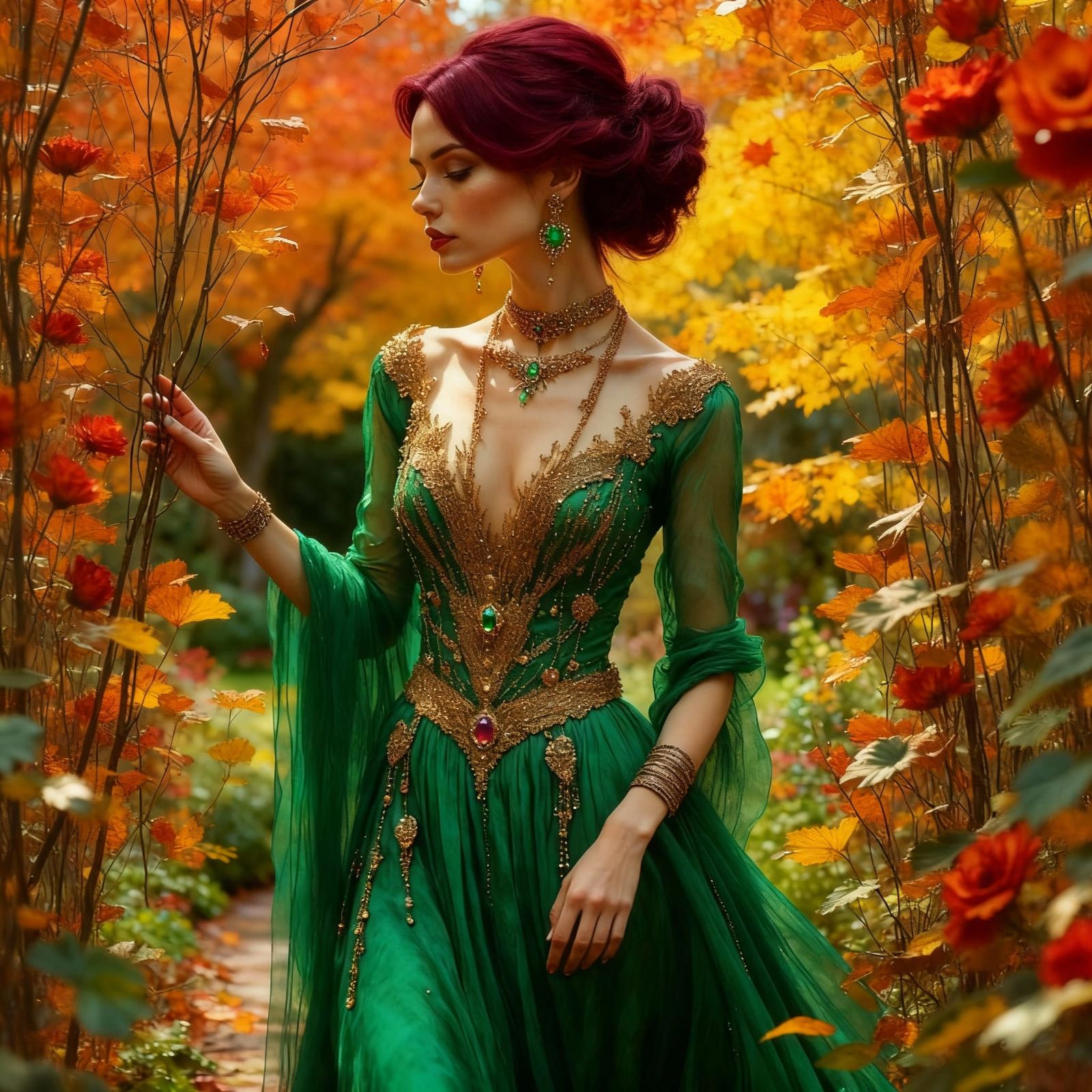 Maroon Haired Woman in Ornate Emerald Dress