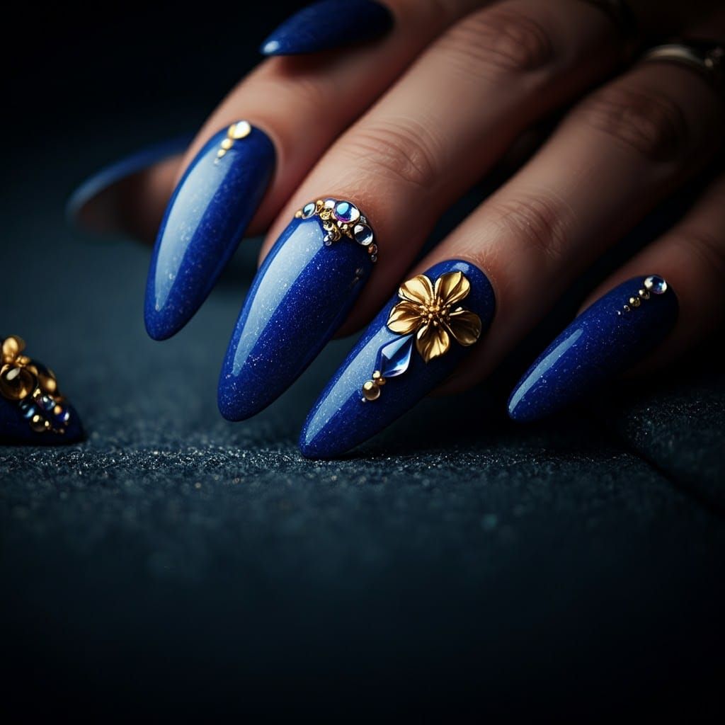 Glossy Blue French Nails with Rhinestones and Flowers