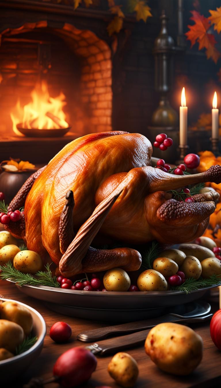 Flaming Thanksgiving turkey with potatoes