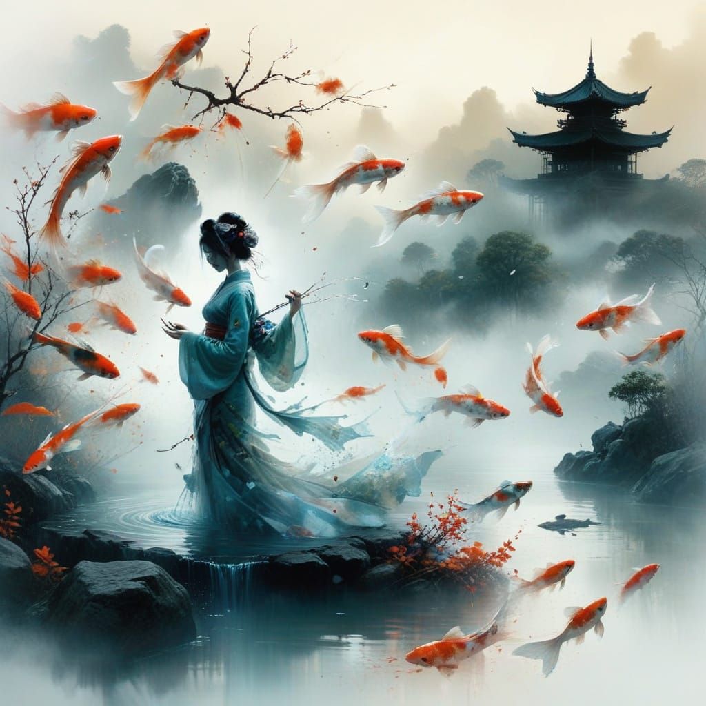 Minimalist Landscape with Koi Fish and Geisha