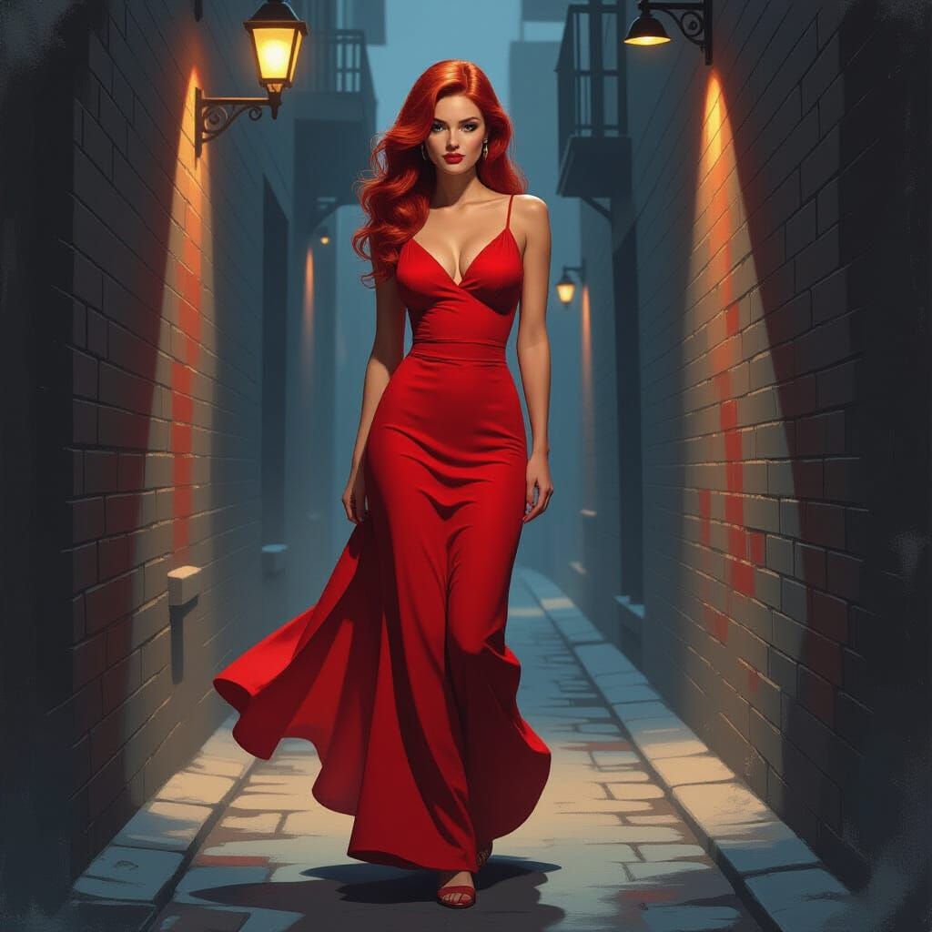 Redhead in Noir Alley: A Digital Painting