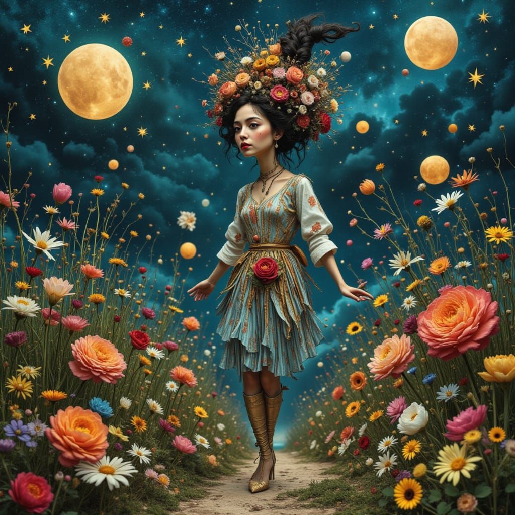 Woman in Ertéwave Topknot in Fantasy Garden